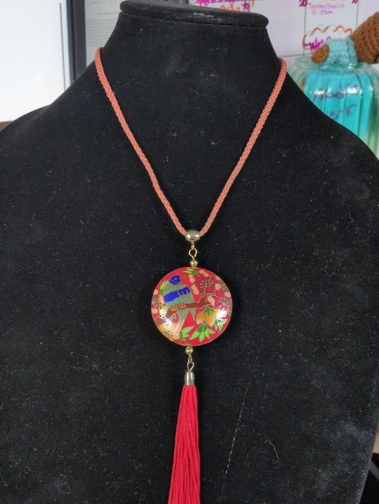 Vintage Cloisenae Jewelry - Red Puff Cloisenae Pendant Necklace with Tassel